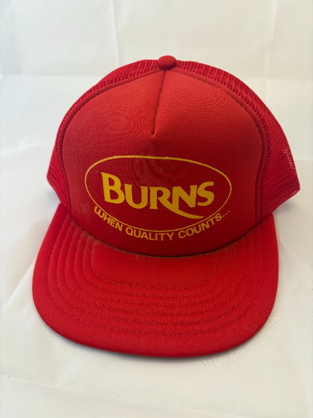 Vintage Burns “When Quality Counts” Red Trucker Hat Mesh Snapback Advertising